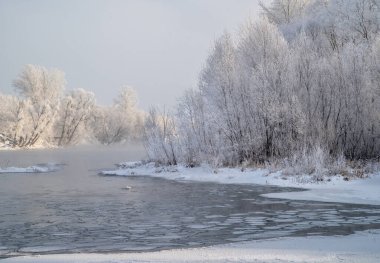Nehirde soğuk bir kış günü. Buz kütleleri açık sularda yüzer. Kıyıdaki ağaçlar buzla kaplı..