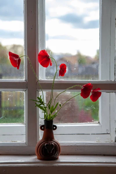 Bouquet Coquelicots Rouges Dans Vase Sur Fond Fenêtre — Photo