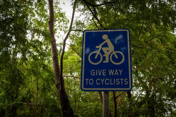 Вид Дошку Велосипедистів Попередження Дорожніх Користувачів Про Віддати Або Поступитися — стокове фото