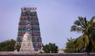 Hindistan, Tamil Nadu 'da Chennai yakınlarındaki güzel tapınak kulesinin manzarası.
