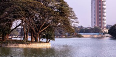 Bangalore, Karnataka, Hindistan 'daki en büyük göllerden birinin güzel manzarası..
