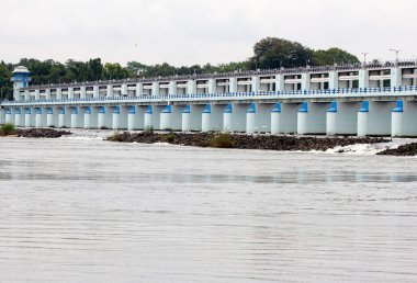 Mukkombu Barajı (Yukarı Anaicut), tarihi bir sulama yapısı olan Tamil Nadu 'nun Tiruchirappalli ilçesindeki Kaveri nehri boyunca uzanan kepenkleri ve beton sütunlarıyla.