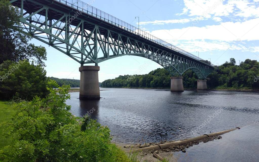 Memorial Bridge across the Kennebec River, built in 1949, view from the east bank of the river, Augusta, ME, USA - July 26, 2020