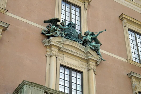 Détail Architectural Sculptures Ornées Fenêtre Palais Royal Stockholm Suède Mai — Photo