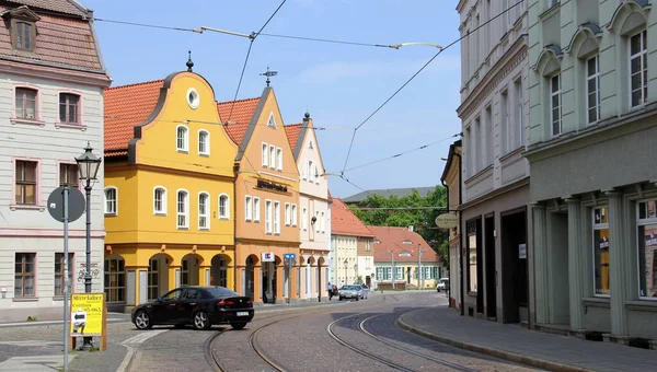 Kolorowe Tradycyjne Domy Zabytkowej Części Miasta Zbiegu Ulic Oberkirchplatz Sandower — Zdjęcie stockowe