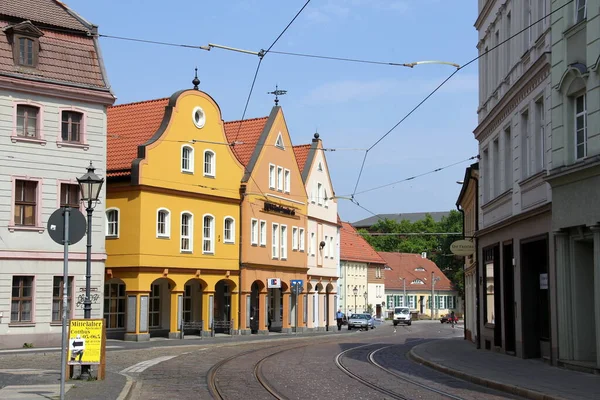 Kolorowe Tradycyjne Domy Zabytkowej Części Miasta Zbiegu Ulic Oberkirchplatz Sandower — Zdjęcie stockowe