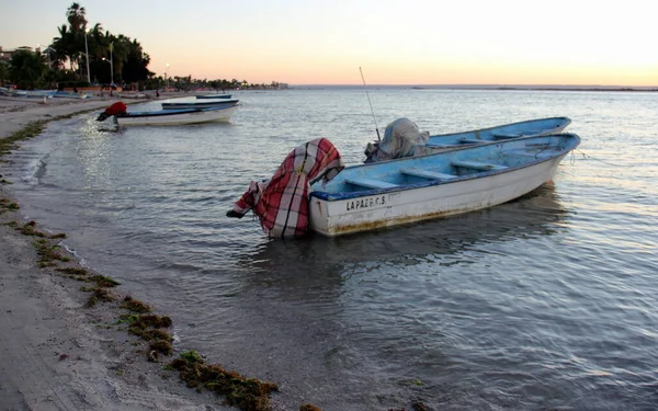 Barcos Pescadores Atracados Pela Costa Malecon Fundo Céu Pôr Sol — Fotografia de Stock