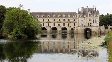 Chenonceau Şatosu, Cher Nehri 'nin kuzey kıyısındaki bahçelerden, Chenonceaux, Indre-et-Loire, Fransa - 1 Temmuz 2019