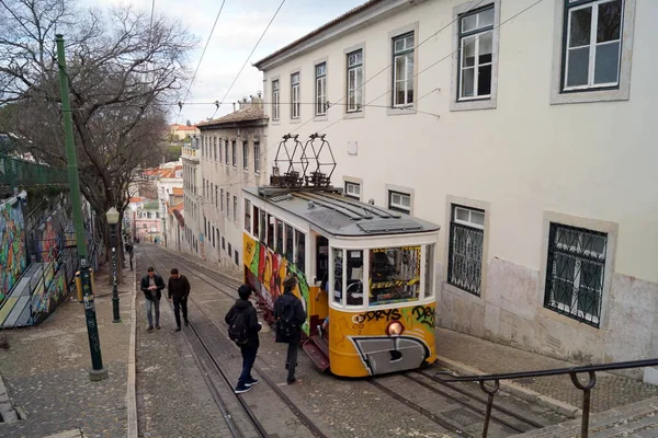 Samochód Tramwajowy Górnej Stacji Gloria Funicular Ascensor Gloria Lizbona Portugalia — Zdjęcie stockowe