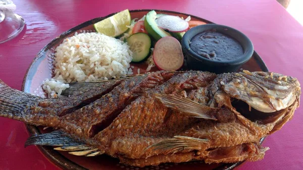 Ψάρια Τηγανητά Γαρνιτούρες Πιάτο Tulum Μεξικό Σεπτεμβρίου 2020 — Φωτογραφία Αρχείου