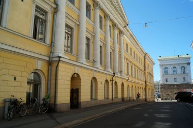 Classical 19th-century building facade in a side street near the Senate Square, Helsinki, Finland - May 31, 2018