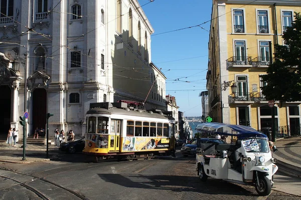 Iconic Tram Car Passing Front Church Our Lady Incarnation Chiado — Stock Photo, Image