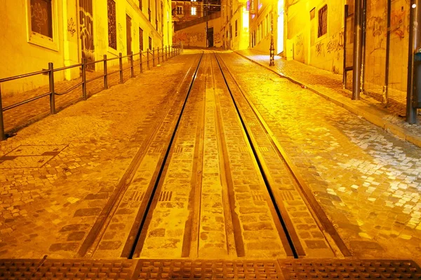 2021年7月23日 葡萄牙里斯本 铺有电车轨道的倾斜鹅卵石街 — 图库照片