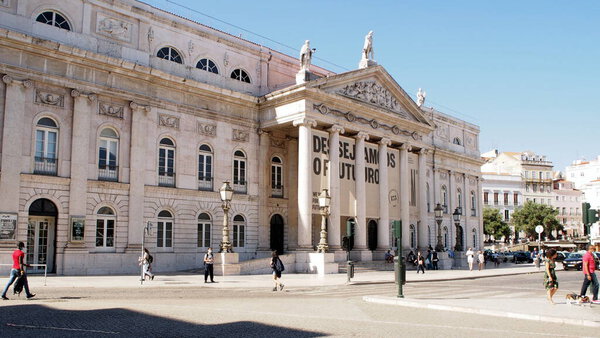 Queen Maria II National Theatre, constructed between 1842 and 1846, located in the Rossio Square, Lisbon, Portugal - July 8, 2021