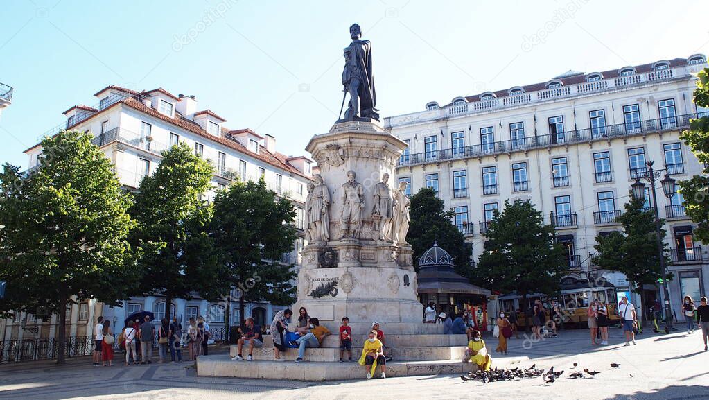 The Camoes Monument, unveiled in 1867, located in Luis de Camoes Square in the Chiado neighborhood, Lisbon, Portugal - July 8, 2021