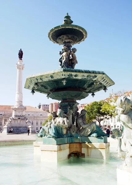 Esculturas Fonte Sul Praça Rossio Coluna Pedro Rei Portugal Algarves — Fotografia de Stock