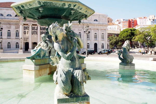 Esculturas Fuente Norte Plaza Rossio Teatro Nacional Reina María Fondo — Foto de Stock