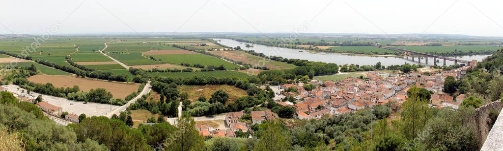 Panoramic view of the Tagus valley from the right bank toward Alentejo, Santarem, Portugal - July 11, 2021