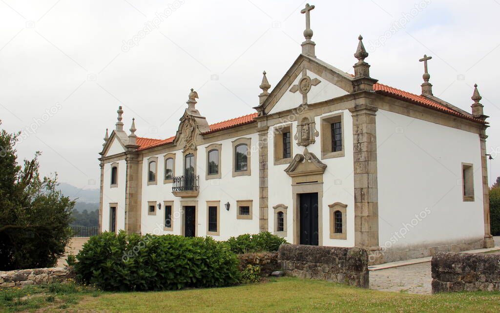 Solar das Boucas, aged Manor House, with the vineyards and panoramic view over the Cavado River, restored in 2019, Amares, Braga District, Portugal - July 18, 2021: 