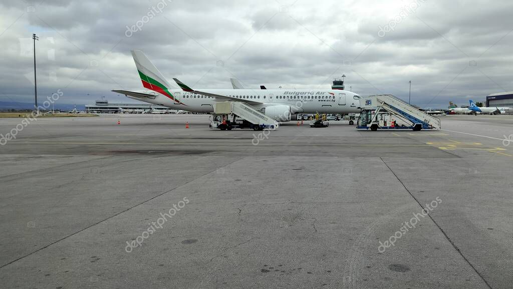 Sofia, Bulgaria - October 4, 2025: Airbus A220-300 aircraft of Bulgaria Air is parked at Vasil Levski Sofia Airport