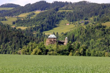 Haimburg, Carinthia, Avusturya - 18 Mayıs 2025: Haimburg Şatosu, nam-ı diğer Heunburg, ön planda yeşil ekin tarlası