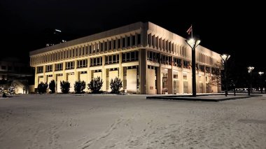 Vilnius, Litvanya - 3 Ocak 2026: Seimas Sarayı, Litvanya Parlamento Binası, bir kış gecesi aydınlandı