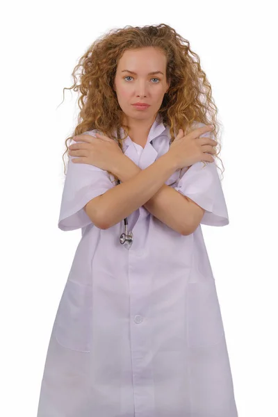 Portrait Caucasian Female Doctor Lab Coat Stethoscope Isolated White Background — Stock Photo, Image