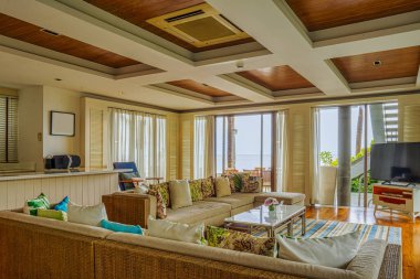 Huahin Tayland 'daki sahil köşkünün iç mekanı ve dekorasyonu.