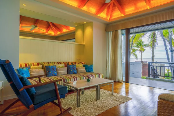 Interior Decoration Living Room Beach Front Bungalow Seaside Resort Hotel — Stock Photo, Image
