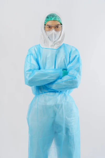 Lekarz Kombinezonie Ochronnym Ppe Jednorazową Suknią Medyczną Maską Medyczną Oraz — Zdjęcie stockowe