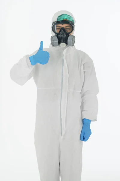 Portrait Scientist Full Coverall Ppe Suit Uniform Gas Mask Gloves — Stock Photo, Image