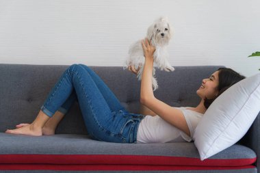 Genç Asyalı kadın evde Shiba Inu 'yu oynuyor ve öpüyor..