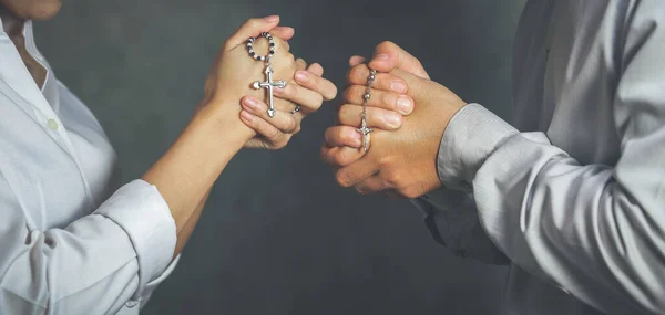 Christianity Background Two Hands Holding Cross Rosary Praying God Blessing — Stock Photo, Image