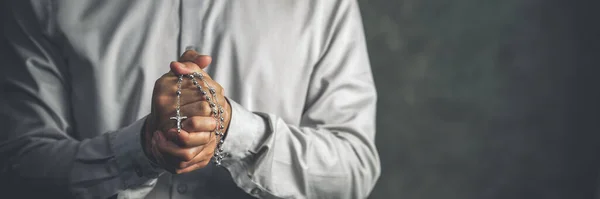 Christianity Background Man Hand Holding Cross Rosary Praying God Blessing — Stock Photo, Image