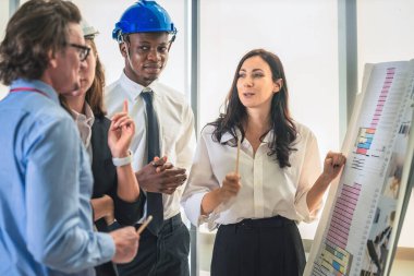 Mimar ve mühendis proje geliştirme ekibinin mimarlık ve mühendislik alanında mimarlık alanında ticari kule planlama panosuyla birlikte beyin fırtınası yapıyorlar.