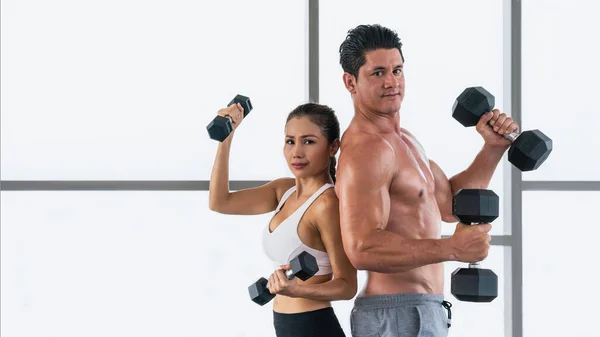 Diverse Athletic Couple Caucasian Asian Sportswear Posing Sport Training Dumbbell — Stock Photo, Image