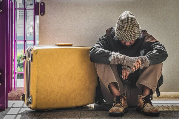 Poor Elderly Homeless Man Sitting Pathway Luggage Feel Despair Lonely — Foto Stock