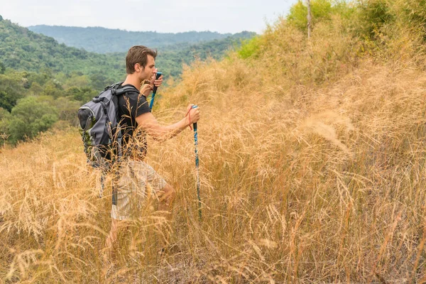 Caucasian Backpack Hiker Trekking Stick Walking Trekking Trail Dry Meadow — Stock Photo, Image