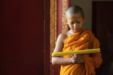 Tayland Budist rahibesinin portresi turuncu cüppeli ayakta duruyor ve Budizm 'i okuyor tapınaktaki pencereden kutsal kitabı okuyor. Budist acemi öğrenci Budist Perhiz döneminde Budizm 'i azalttı.
