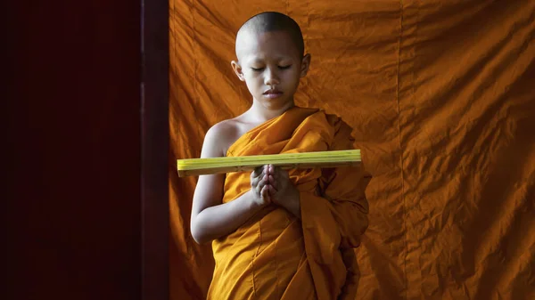 Πορτρέτο Της Ταϊλάνδης Buddhist Αρχάριος Πορτοκαλί Ρόμπα Στέκεται Και Διαβάζοντας — Φωτογραφία Αρχείου
