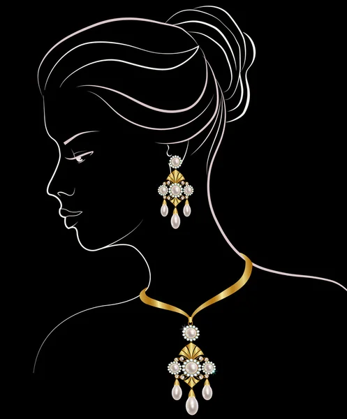 Mujer con collar de perlas y pendientes — Vector de stock