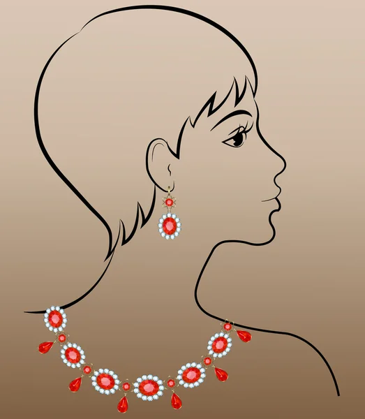Kvinna med smycken halsband och örhängen — Stock vektor