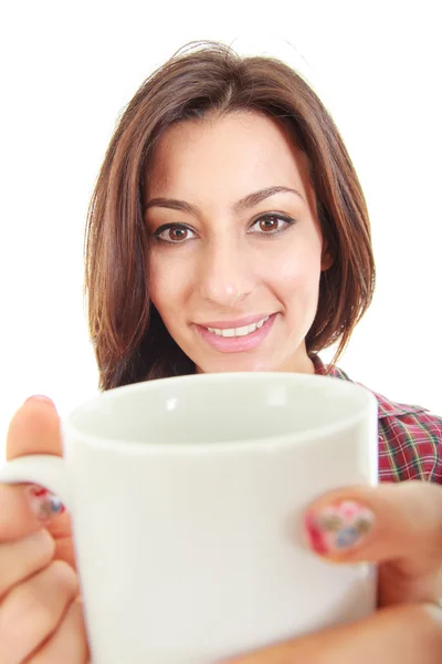Beautiful girl holding cup mug of coffee — Stock Photo, Image