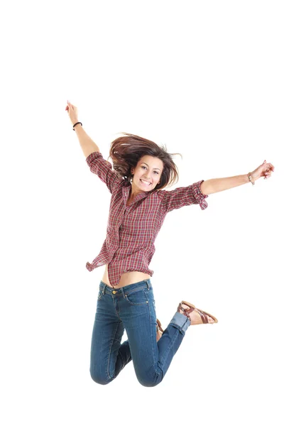 Imagem brilhante de mulher saltando feliz na camisa vermelha — Fotografia de Stock
