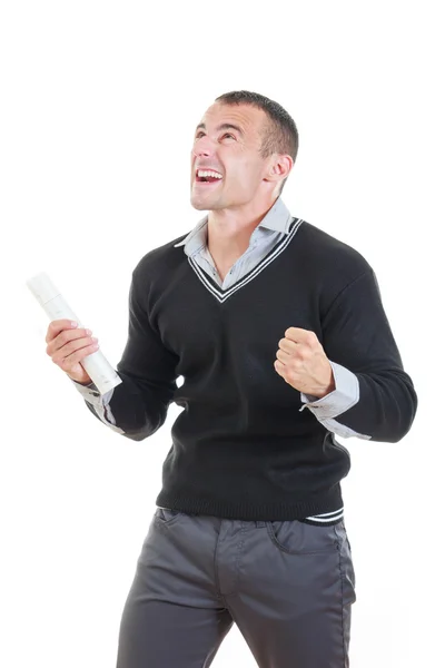 Entusiasmado pós-graduação masculina torcendo com diploma — Fotografia de Stock