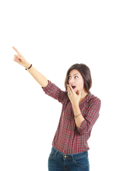 Surprised woman point finger showing something to up side empty — Stock Photo, Image