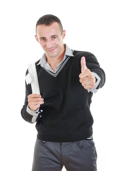 Student holding diploma on graduation day showing thumb up — Stock Photo, Image