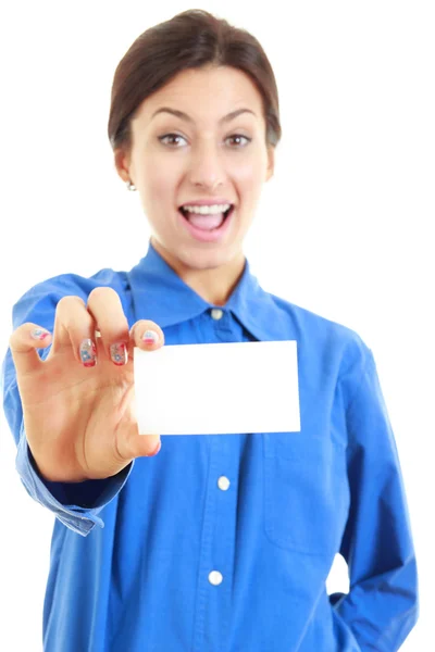 Woman in her 20s in blue shirt showing blank business card — Stock Photo, Image