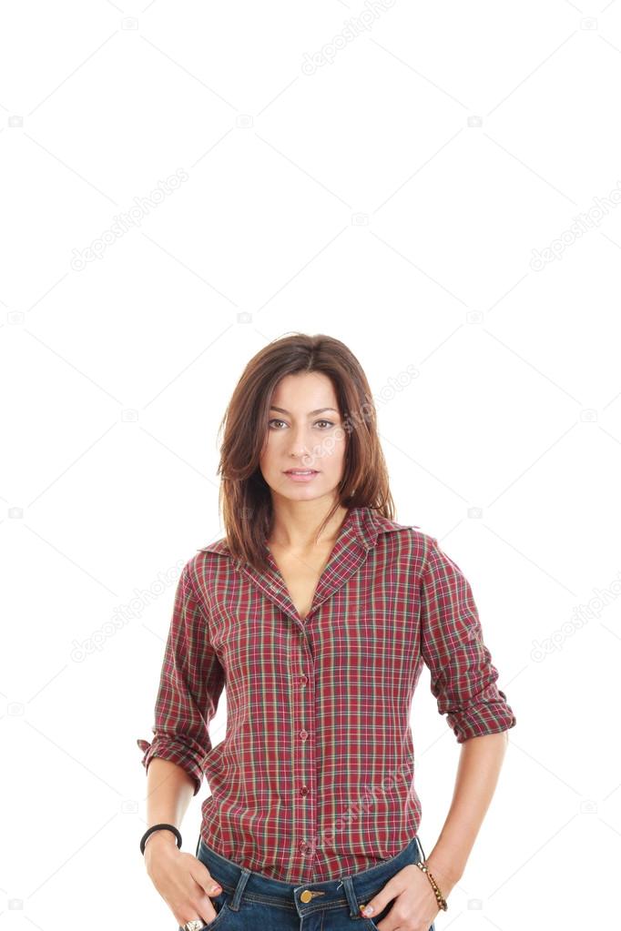 casual young woman posing in a red shirt