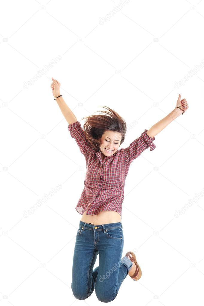 woman in red shirt showing thumbs up with raised arms high